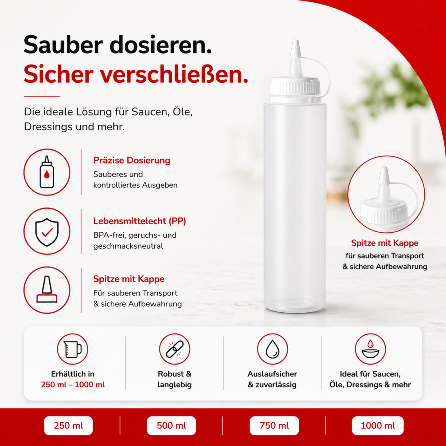 Saucenflasche/Quetschflasche mit Deckel- 8er Pack